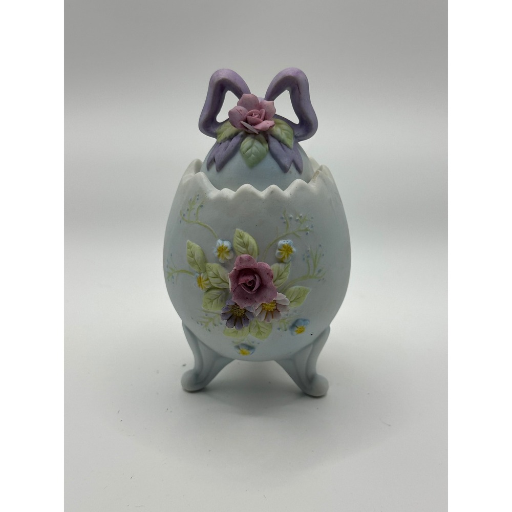 Vintage 1984 Lefton China Footed Egg Trinket Box Hand Painted Floral‎ 04089 Blue